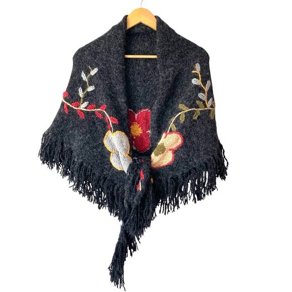 Gray Embroidered Floral Embroidered Fringe Sweater Shawl One Size - Picture 1 of 7